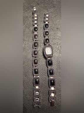 Renaissance Black Stone Link Bracelet and Watch Set with Crystal Accents